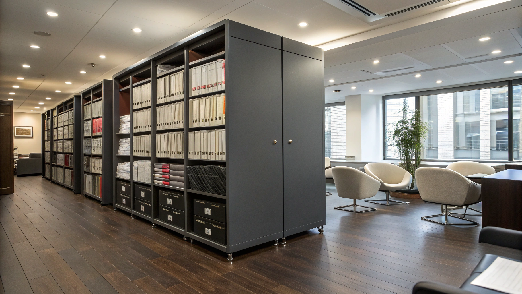 Organized premium legal archive with high-end shelving and filing systems